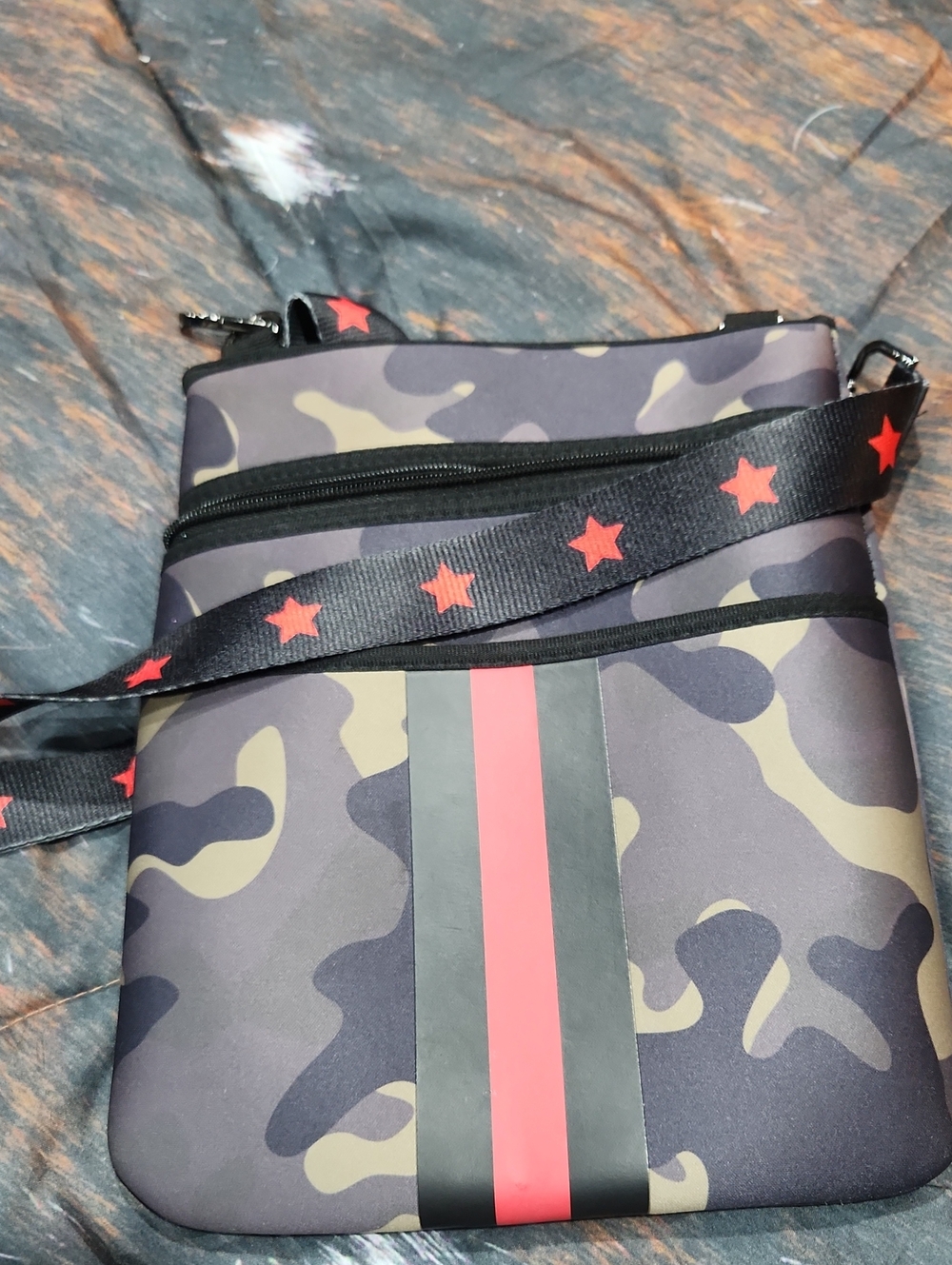 Ah Dorned Camouflage Crossbody Bag with Red Stripe and Star Strap